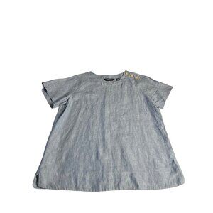 Lands End Women’s M Blue Boxy Short Sleeve 100% Linen Shirt With Button Shoulder